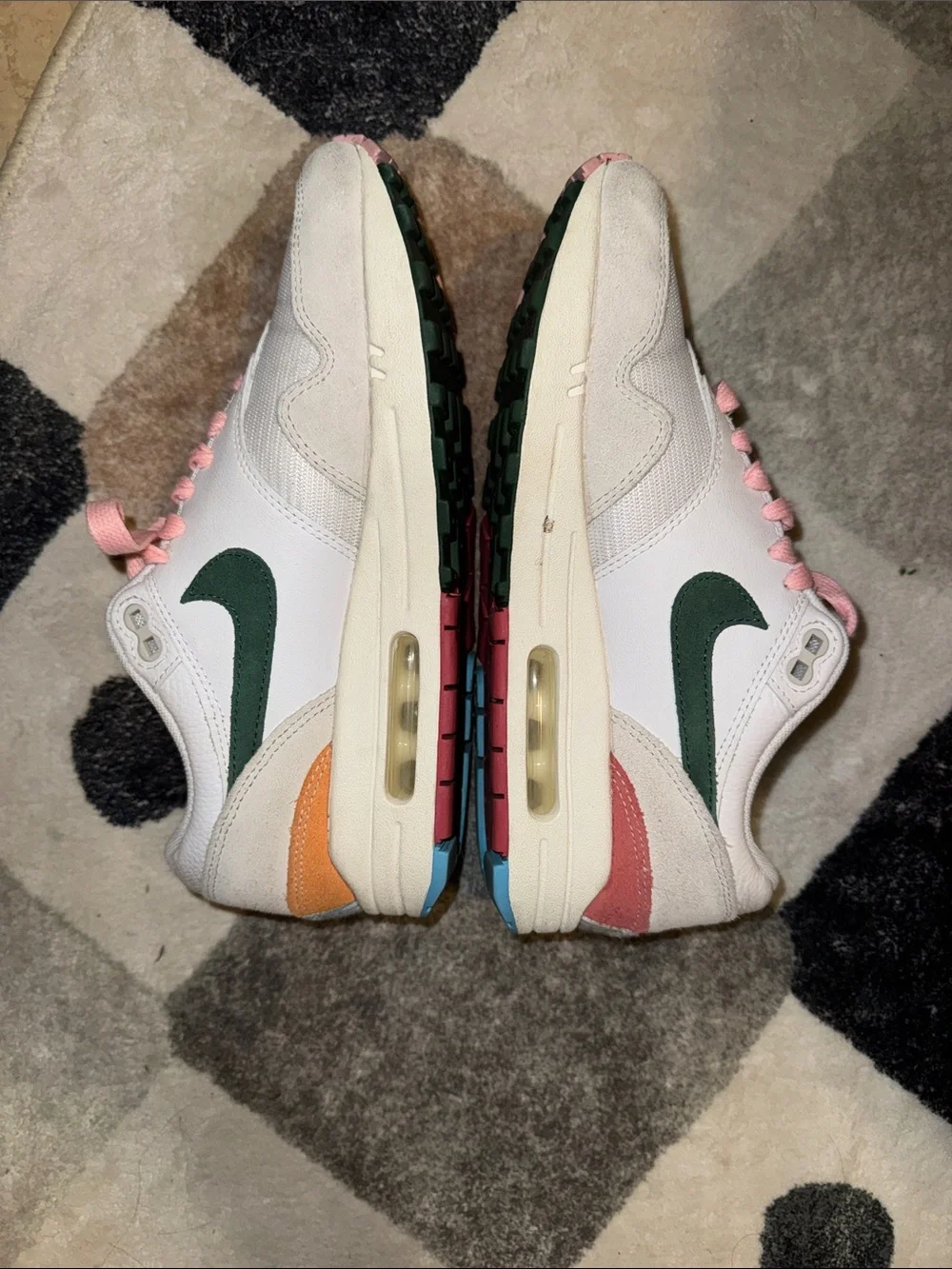 Nike Patchwork White Sneakers with Green Swoosh and Pink Laces